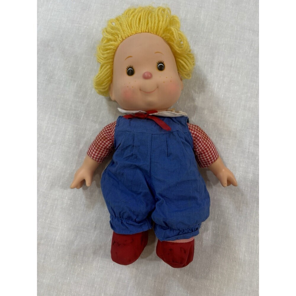 Vtg Madison Doll Boy Toy 11” Rubber Vinyl Rag Yarn Denim Overall Outfit